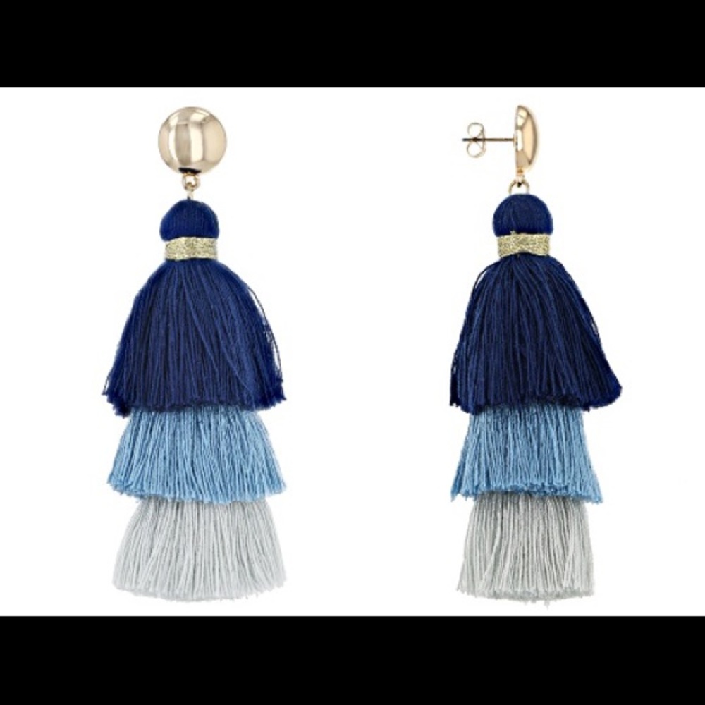 JTV “Off Park” Collection Shades of Blue Cotton Tassel and Gold Tone Earrings